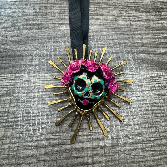 Edith Orozco Black Ribbon Necklace with Pink and Gold Sunburst Pendant - Picture 2 of 5